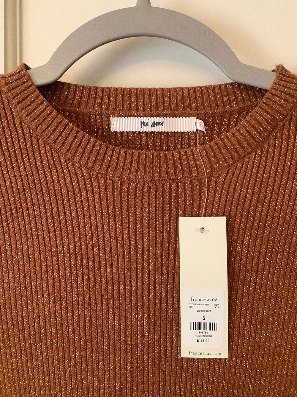 Francesca's Sparkle Rust Brown Ribbed Puff-Sleeve Bodycon Dress - Picture 3 of 7